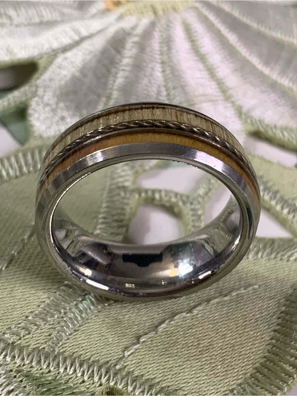 Two-Tone Wood Inlay Men's Titanium  Ring - Brown